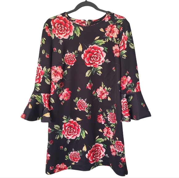 Guess Roses Boulevard Floral Feminine Elegant Bell Sleeves Black Lucy Dress - Picture 2 of 11